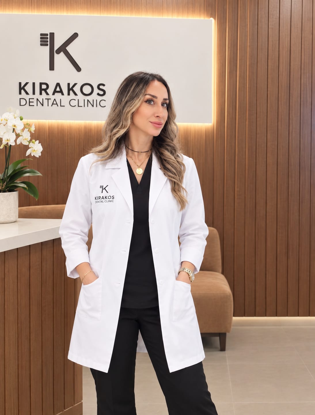 Dr. Grece Kirakos in her clinic coat, standing beside the treatment chair, looking at the camera.